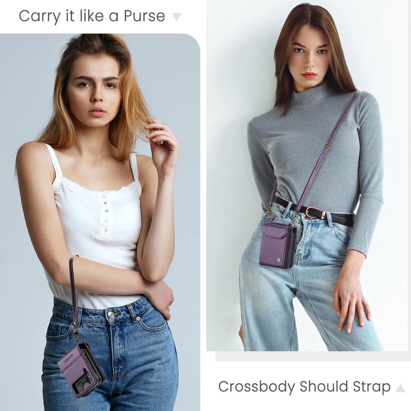 ASAPDOS Crossbody Case Compatible with Samsung Galaxy Z Flip 3,Retro PU Leather Strap Wristlet Flip Case with Magnetic Closure and Card Holder for Men Women Purple - Image 3